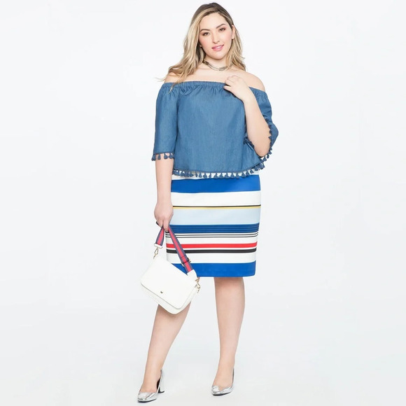 NEW ELOQUII Tassel Trimmed Off Shoulder Blue Chambray Top 28 Plus Size‎ Curvy 3X - Picture 7 of 7
